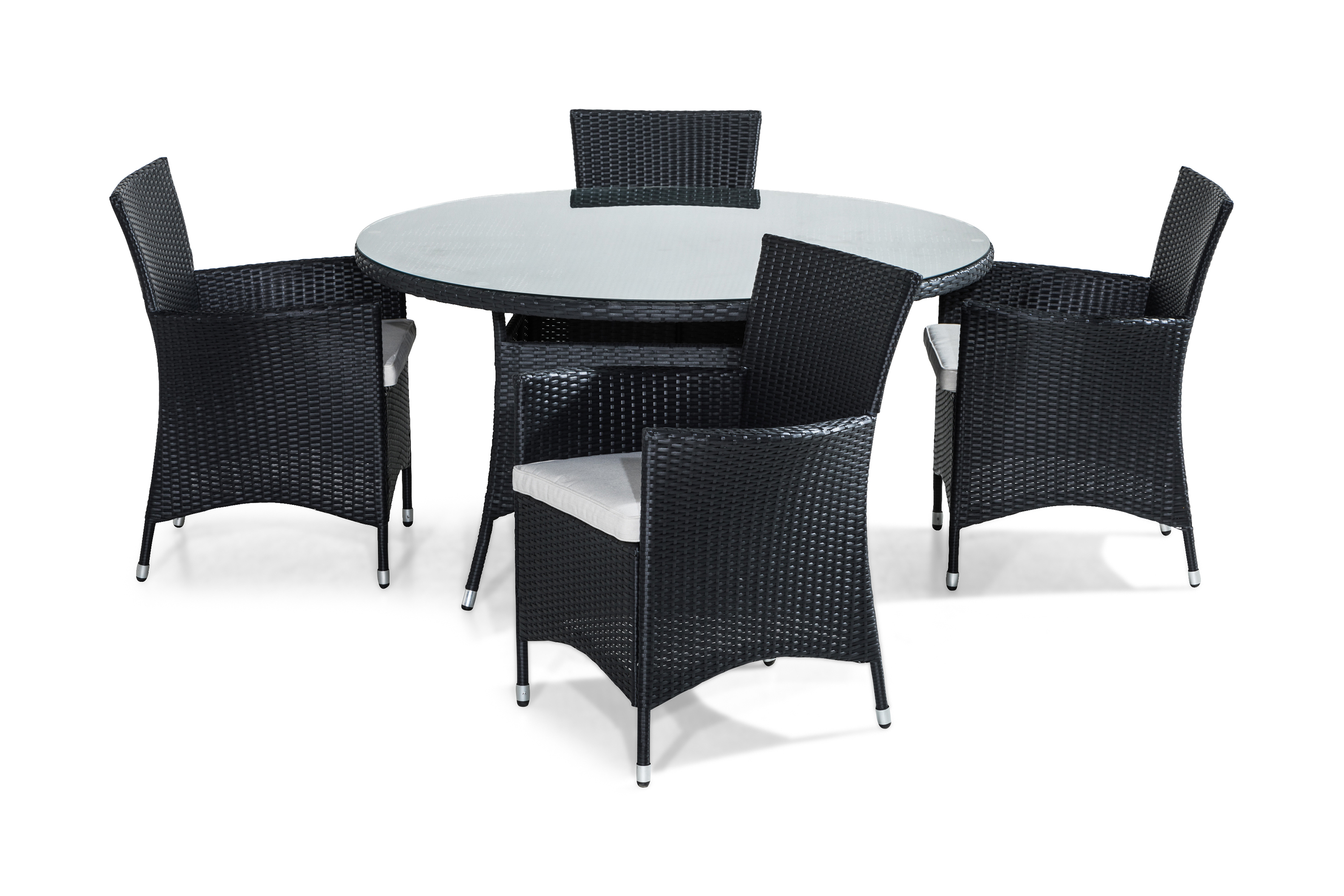 thor bord 140 rund + 4 thor fåtölj svart m dyna grå -