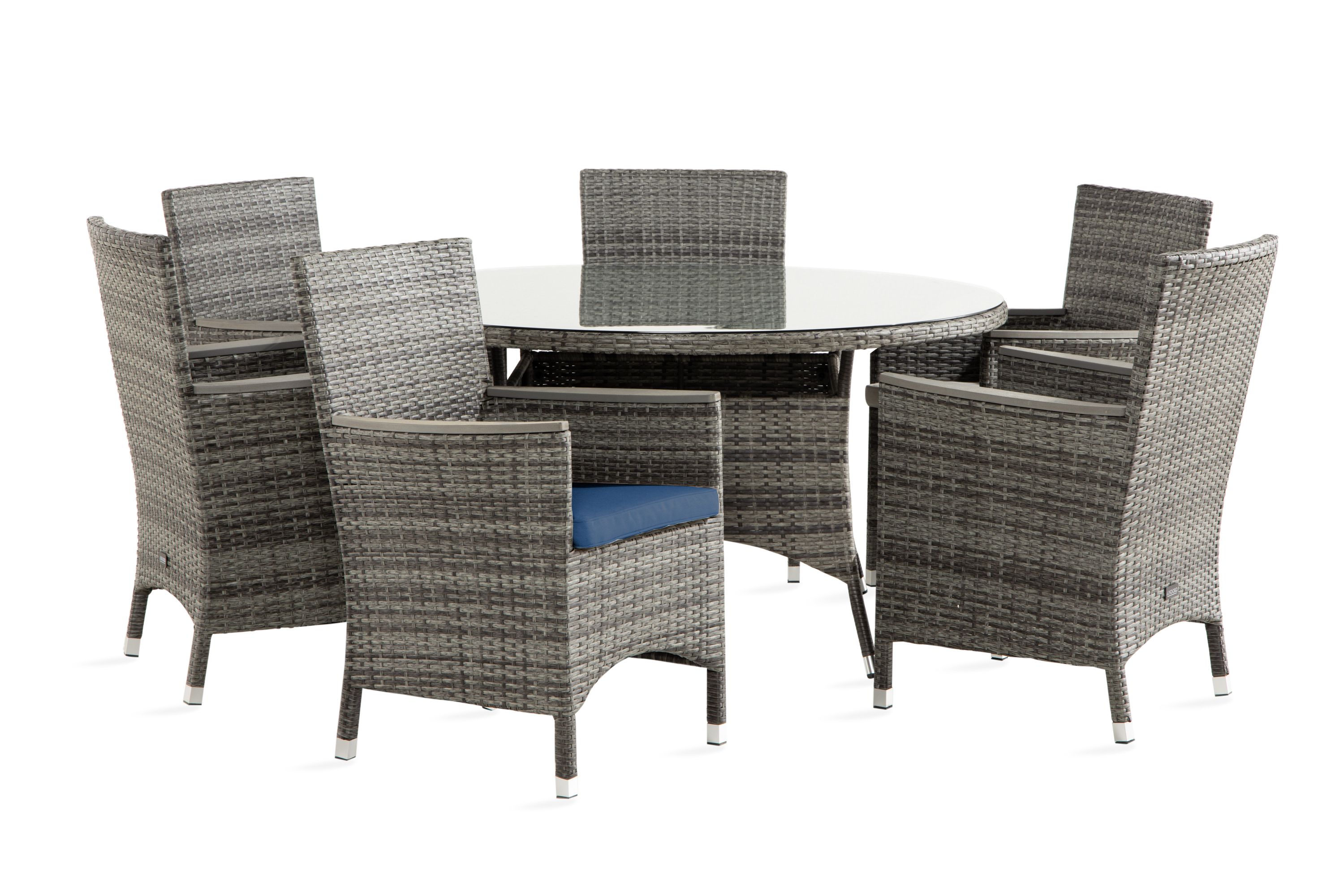 thor bord 140 runt grå + 6 thor lyx stol grå m dyna blå -