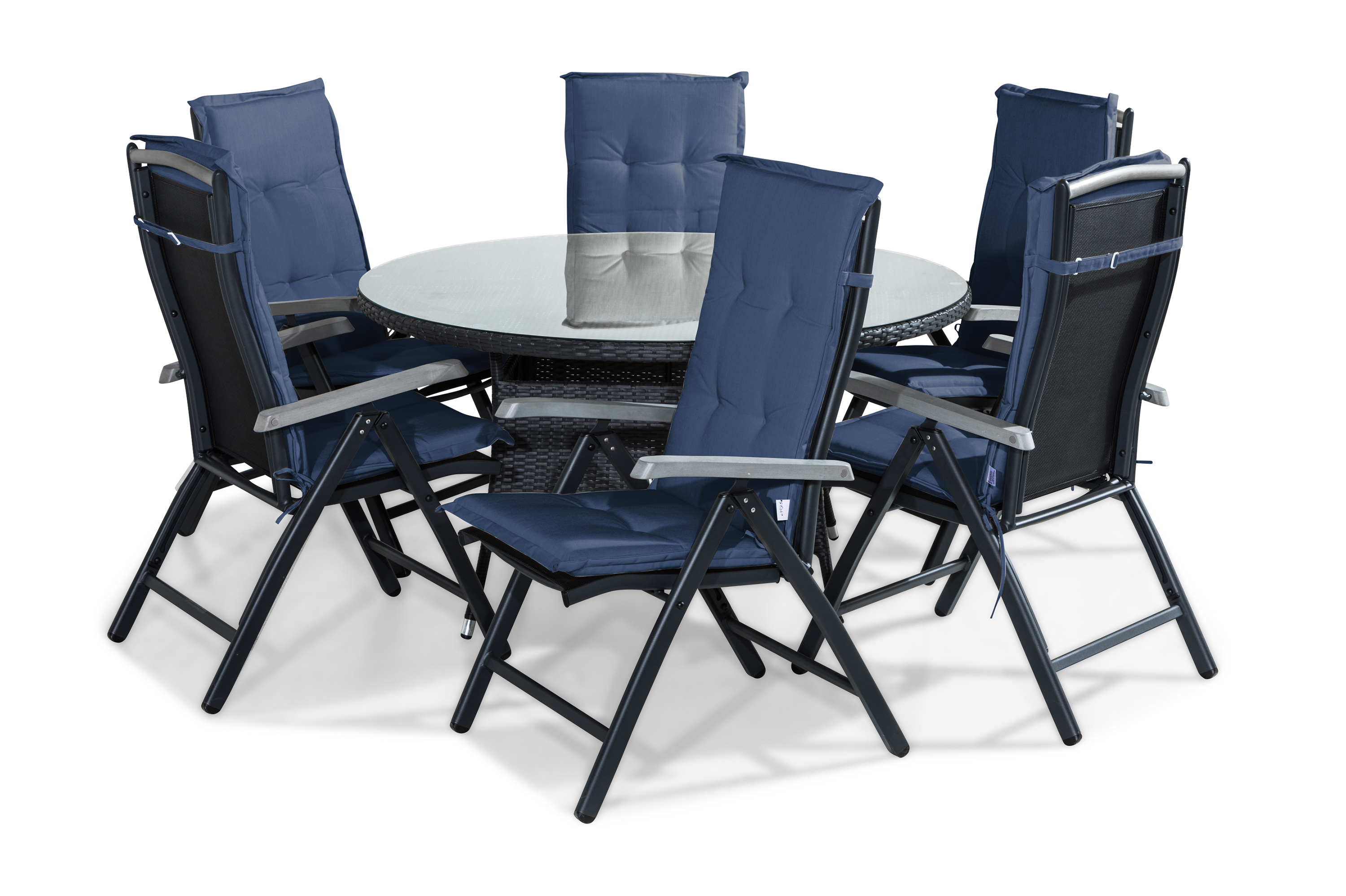 thor bord 140 runt svart + 6 monaco stol grå m dyna blå -