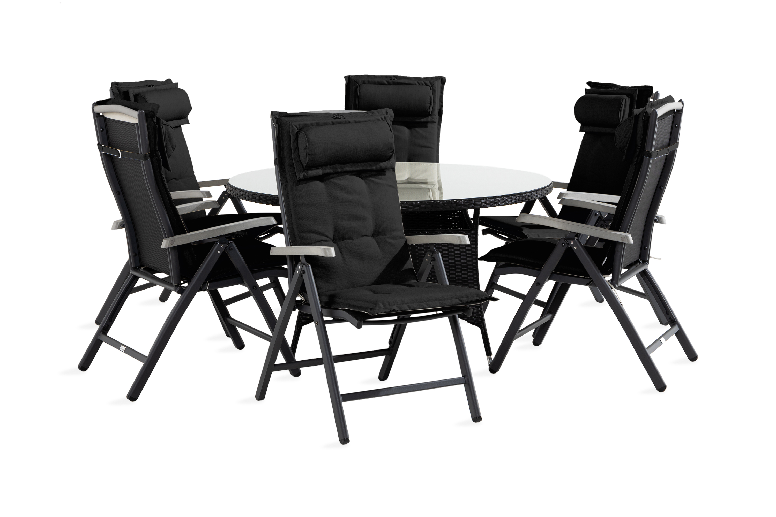 thor bord 140 runt svart+6 monaco stol svart/grå dyna svart -