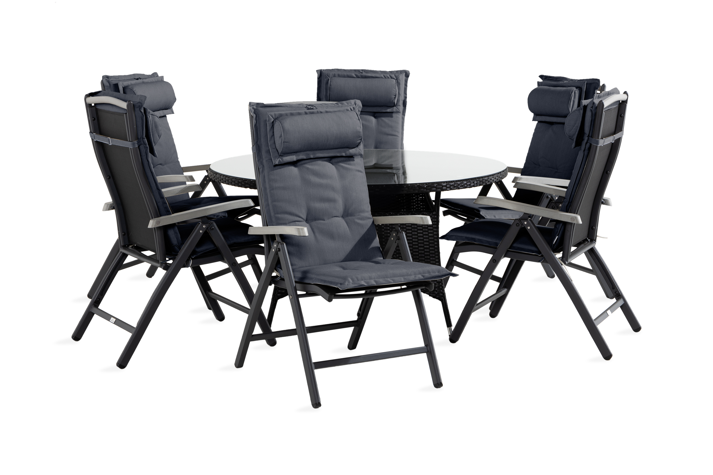 thor bord 140 runt svart+6 monaco stol svart/grå m dyna grå -