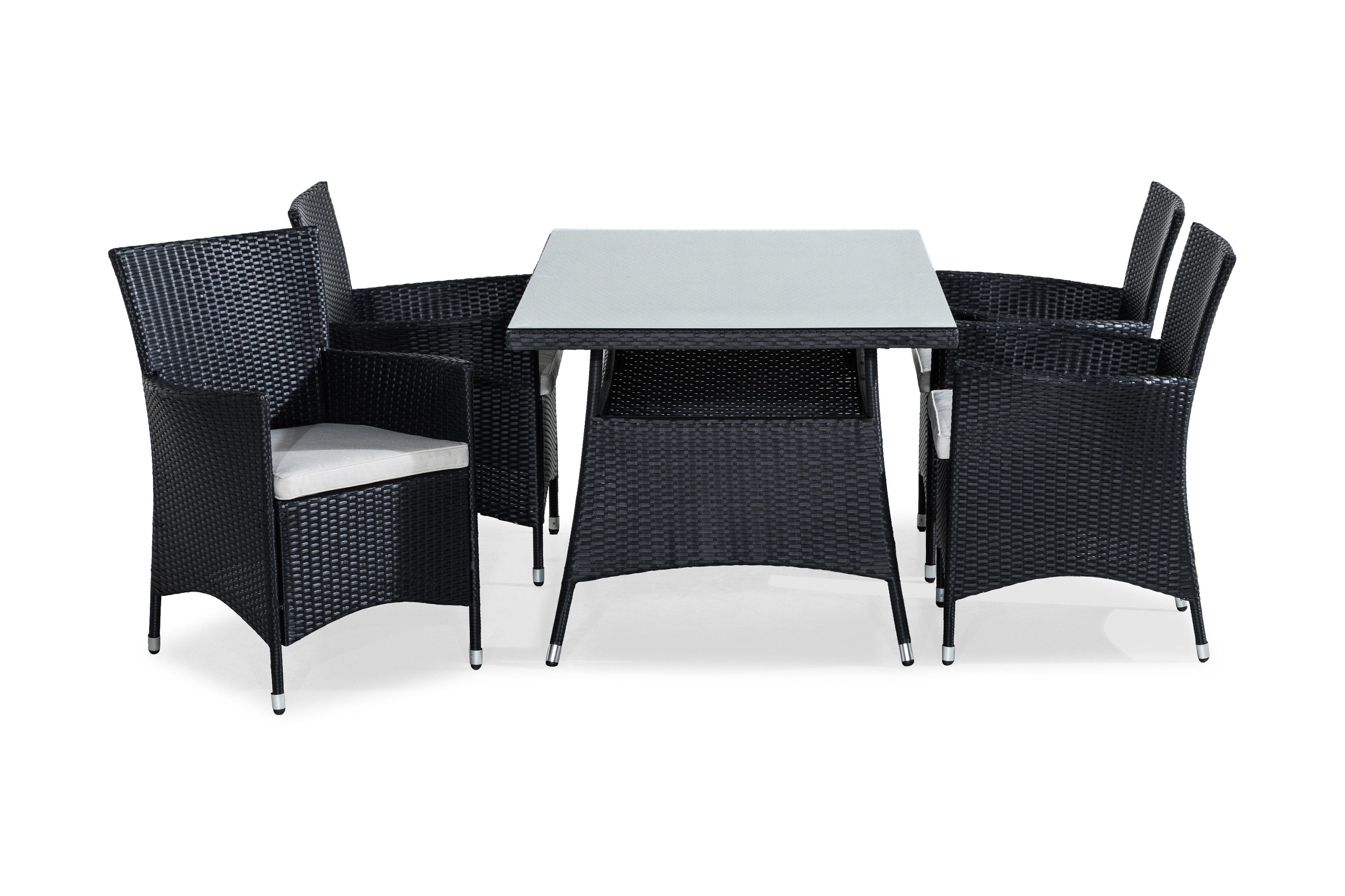 thor bord 140x90 svart + 4 thor fåtölj svart m dyna grå -