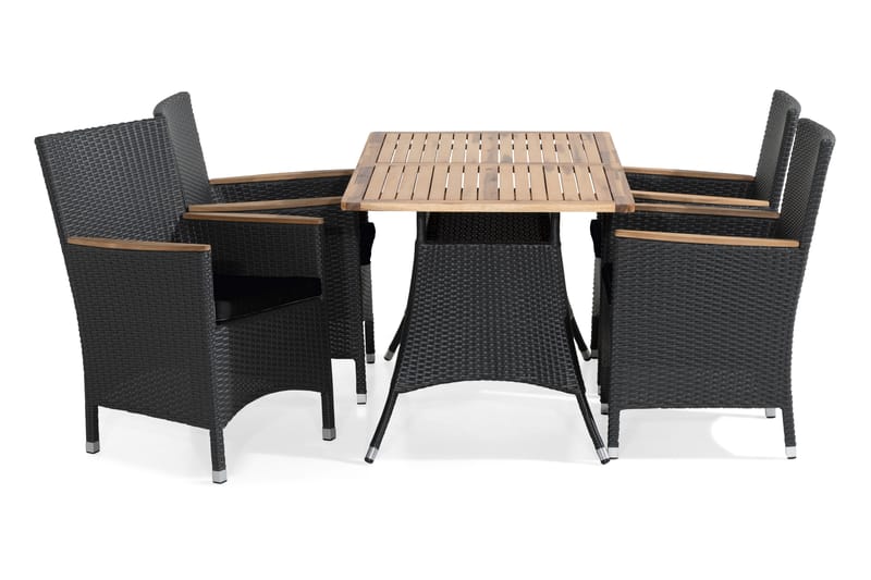THOR Bord 140x90 Svart + 4 THOR LYX Fåtölj Teak m Dyna - Utemöbler - Utegrupp - Matgrupper utomhus