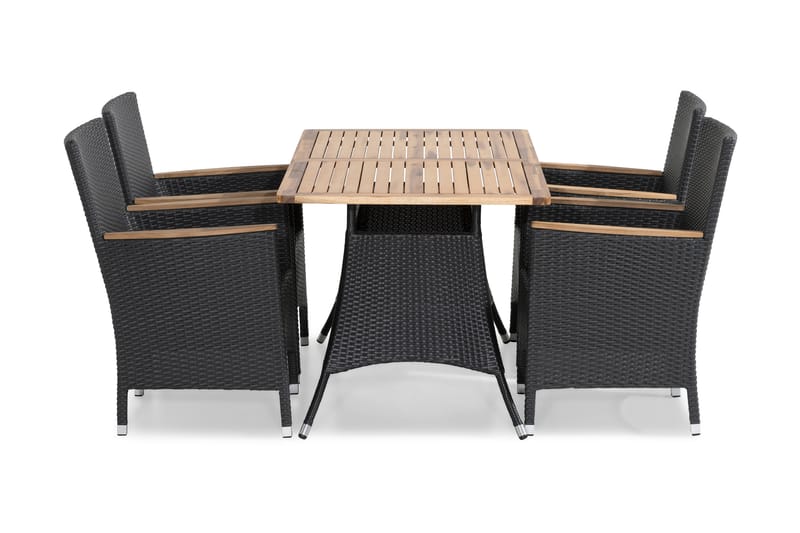 THOR Bord 140x90 Svart + 4 THOR LYX Fåtölj Teak - Utemöbler - Utegrupp - Matgrupper utomhus
