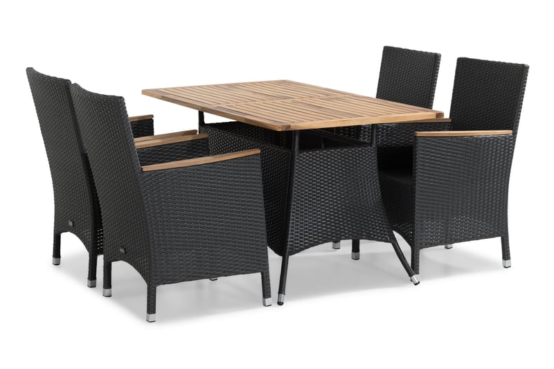 THOR Bord 140x90 Svart + 4 THOR LYX Fåtölj Teak - Utemöbler - Utegrupp - Matgrupper utomhus