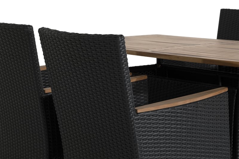 THOR Bord 140x90 Svart + 4 THOR LYX Fåtölj Teak - Utemöbler - Utegrupp - Matgrupper utomhus