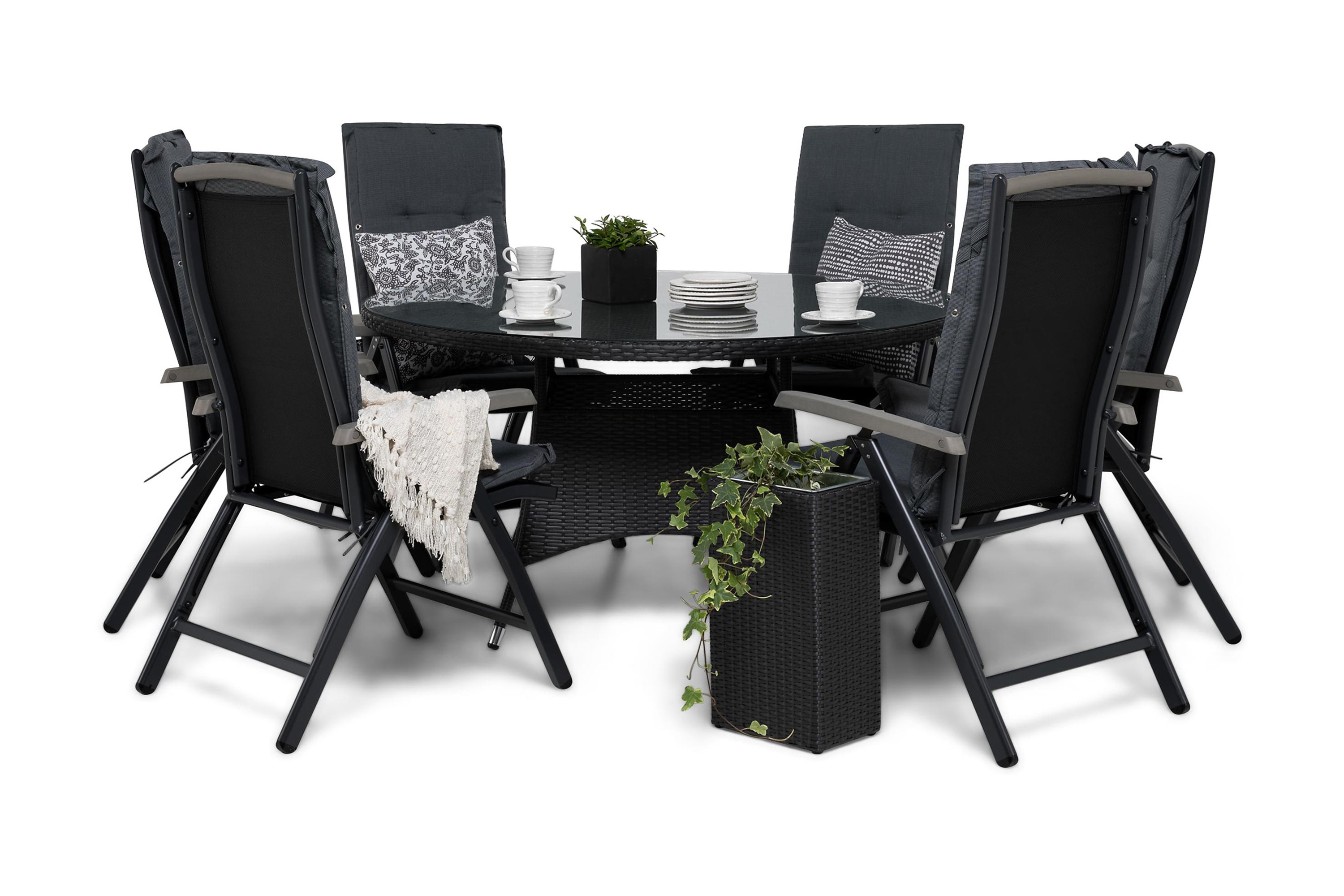 thor bord ø140 svart + 6 monaco stol m, grå dynor -