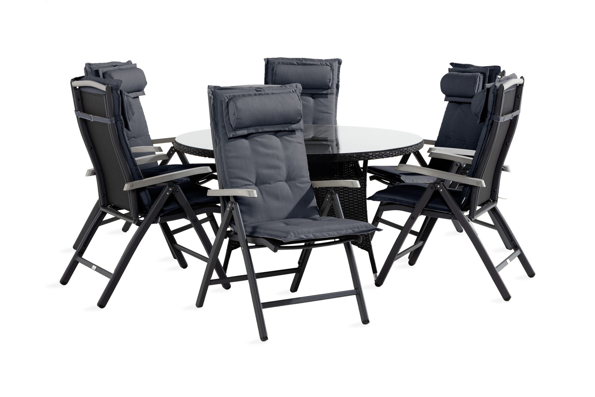 thor matgrupp 140 rund + 6 monaco positionsstol m dyna - svart/grå