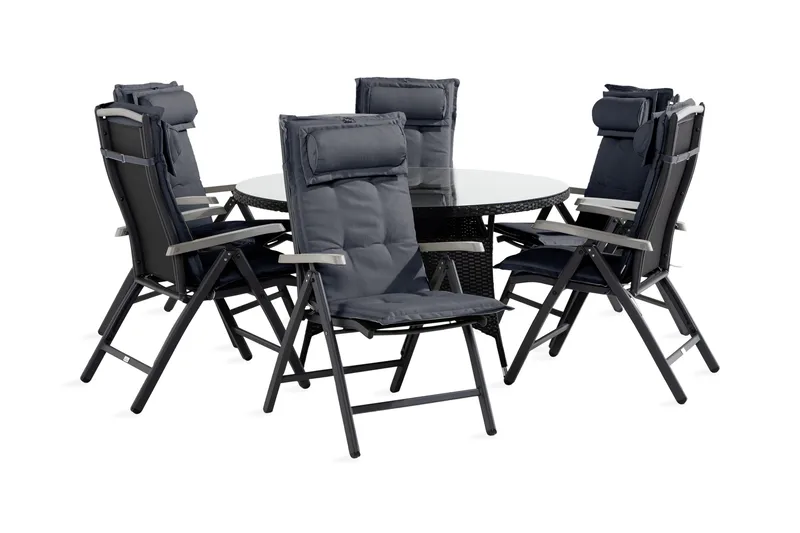 Thor Matgrupp 140 Rund + 6 Monaco Positionsstol m Dyna - Svart/Grå - Utemöbler - Utegrupp - Matgrupper utomhus