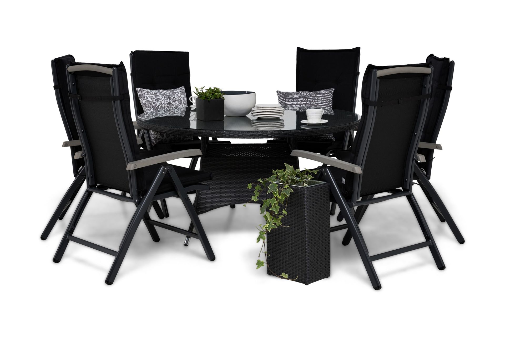 Thor Matgrupp 140 Rund + 6 Monaco Positionsstol m Dyna - Svart/Gr&aring;