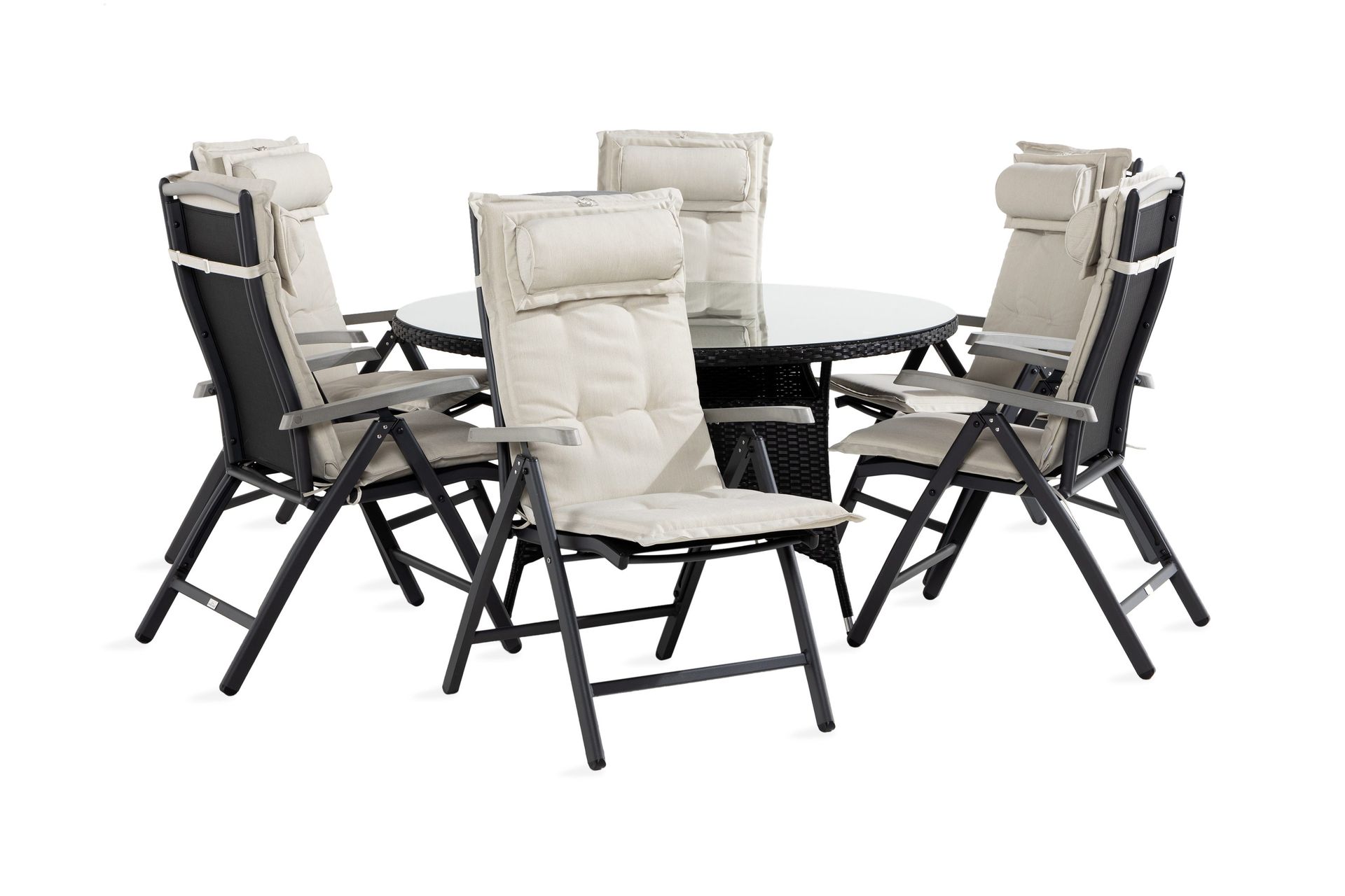 Thor Matgrupp 140 Rund + 6 Monaco Positionsstol m Dyna - Svart/Gr&aring;/Offwhite