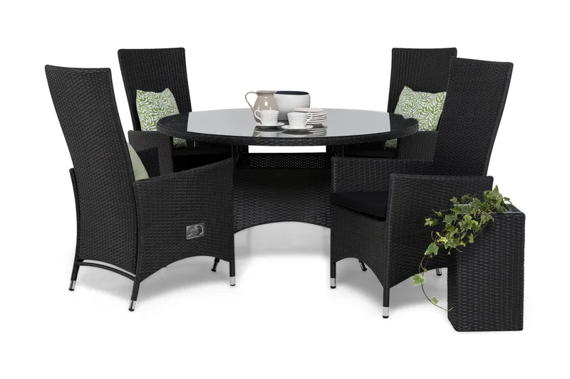 Thor Matgrupp Ø140 + 4 Jenny Ställbar Fåtölj m Dyna - Svart - Utemöbler - Utegrupp - Matgrupper utomhus