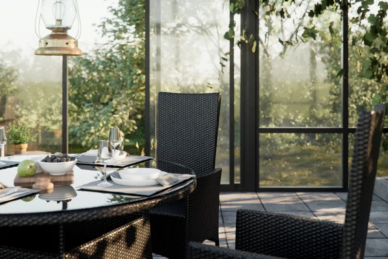 Thor Matgrupp Ø140 + 6 Jenny Ställbar Fåtölj m Dyna - Svart/Svart/Svart - Utemöbler - Utegrupp - Matgrupper utomhus