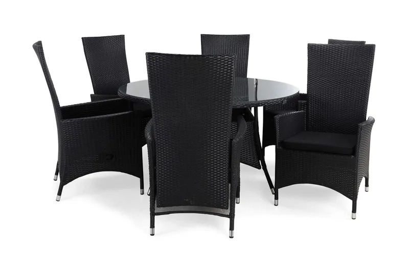 Thor Matgrupp Ø140 + 6 Jenny Ställbar Fåtölj m Dyna - Svart/Svart/Svart - Utemöbler - Utegrupp - Matgrupper utomhus