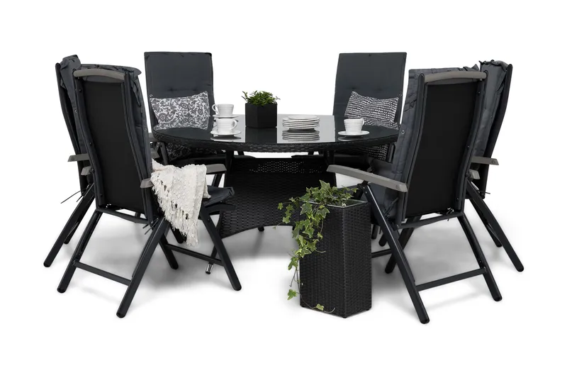 Thor Matgrupp Ø140 + 6 Monaco Lyx Positionsstol m Dyna - Svart/Svart/Grå - Utemöbler - Utegrupp - Matgrupper utomhus