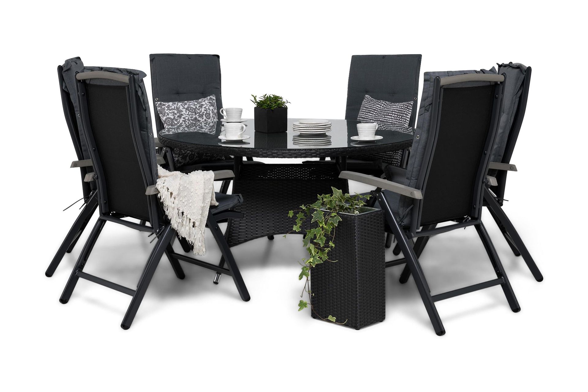 Thor Matgrupp &Oslash;140 + 6 Monaco Lyx Positionsstol m Dyna - Svart/Svart/Gr&aring;