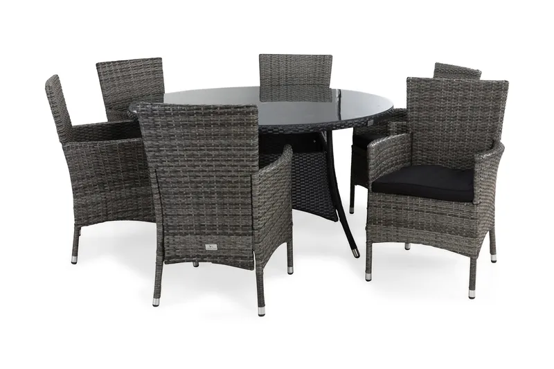 Thor Matgrupp Ø140 + 6 Thor Fåtölj m Dyna - Svart/Grå/Svart - Utemöbler - Utegrupp - Matgrupper utomhus