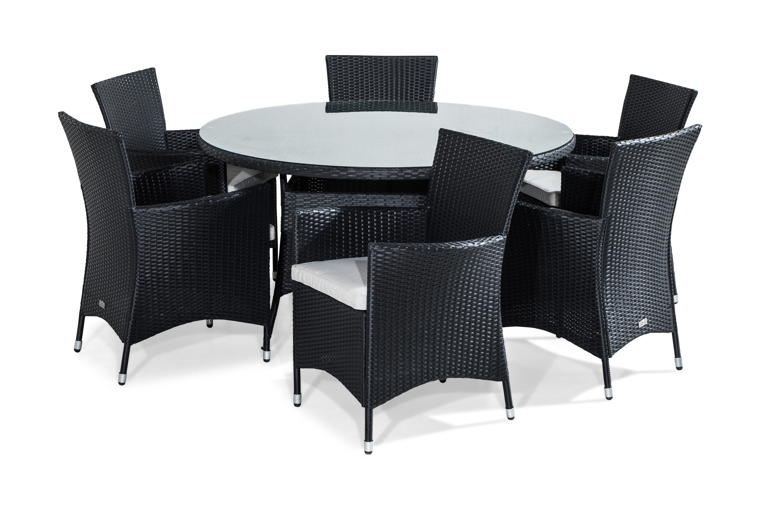 thor matgrupp utomhus 140 cm rund inkl 6 fåtöljer svart -