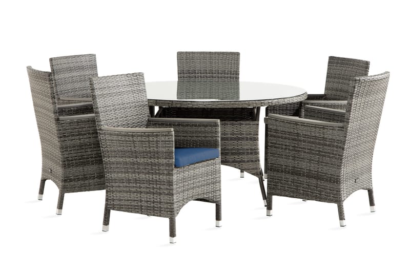 Thor Matgrupp Utomhus 140 Rund + 6 Thor Lyx Stol m Armledare m Dyna, Grå/Aintwood/Blå