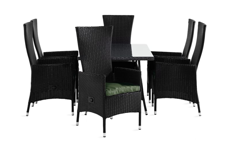 Thor Matgrupp Utomhus 140x90 + 6 Jenny Fåtölj Ställbar m Dyna, Svart/Grön