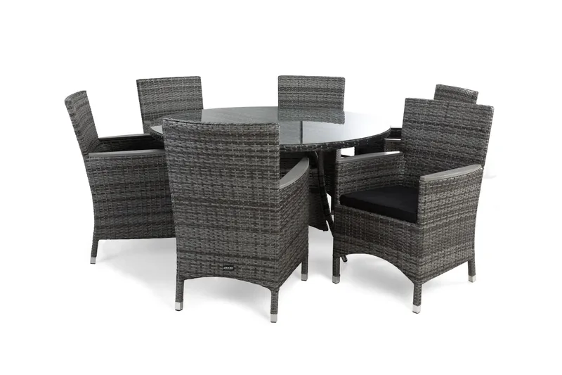 Thor Matgrupp Utomhus Ø140 + 4 Fåtölj Lyx m Armstöd m Dyna - Grå/Grå/Aintwood/Svart - Utemöbler - Utegrupp - Matgrupper utomhus
