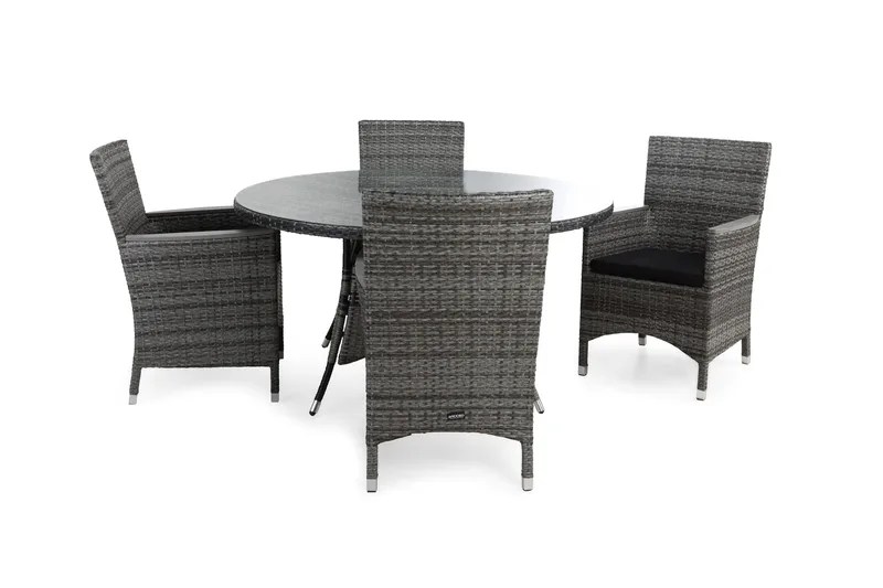 Thor Matgrupp Utomhus Ø140 + 4 Fåtölj Lyx m Armstöd m Dyna, Grå/Grå/Aintwood/Svart