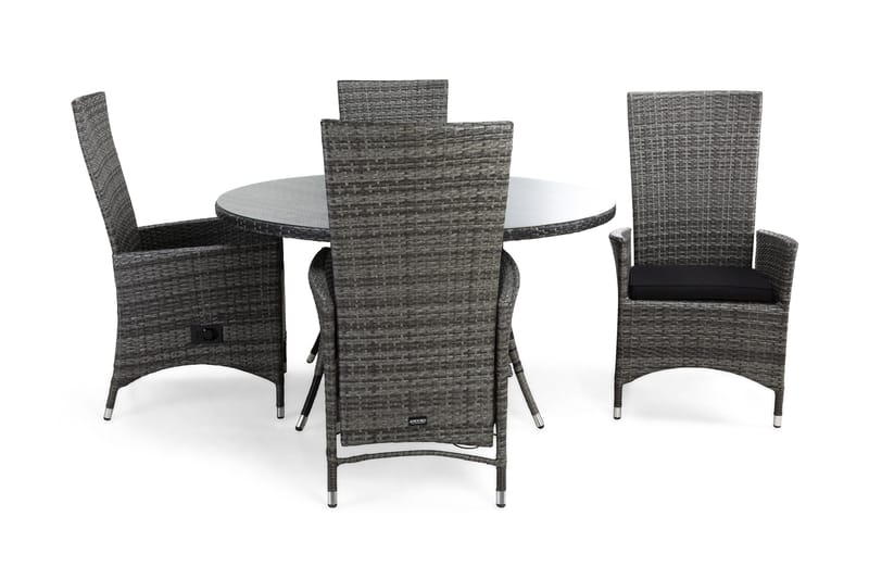 Thor Matgrupp Utomhus Ø140 + 4 Jenny Ställbar Fåtölj m Dyna, Grå/Grå/Svart