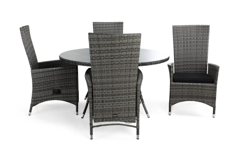 Thor Matgrupp Utomhus Ø140 + 4 Jenny Ställbar Fåtölj m Dyna, Grå/Grå/Svart
