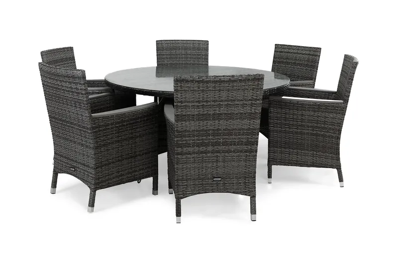 Thor Matgrupp Utomhus Ø140 + 6 Fåtölj Lyx m Armstöd - Grå/Aintwood - Utemöbler - Utegrupp - Matgrupper utomhus