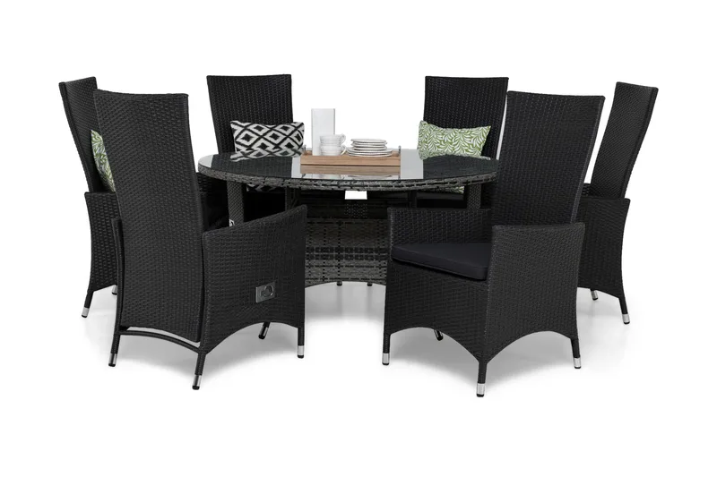 Thor Matgrupp Utomhus Ø140 + 6 Jenny Ställbar Fåtölj m Dyna, Svart/Grå