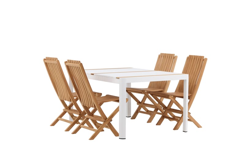 Togo Matgrupp Utomhus 150x100 cm + 4 Ghana Hopfällbar Stol - Vit/Brun - Utemöbler - Utegrupp - Matgrupper utomhus