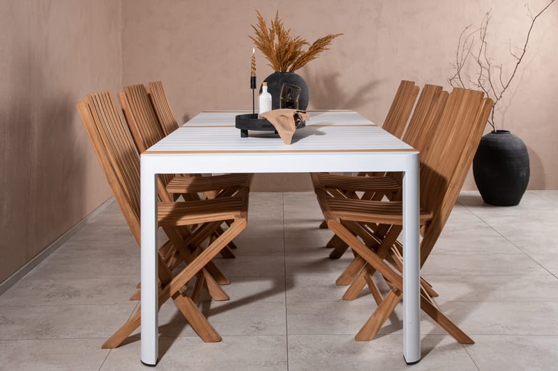 Togo Matgrupp Utomhus 200x100 cm + 6 Ghana Hopfällbar Stol - Vit/Brun - Utemöbler - Utegrupp - Matgrupper utomhus