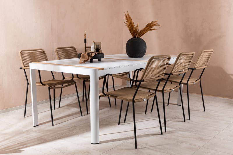 Togo Matgrupp Utomhus 205 cm + 6 st Lindos Karmstolar - Svart/Vit - Utemöbler - Utegrupp - Matgrupper utomhus