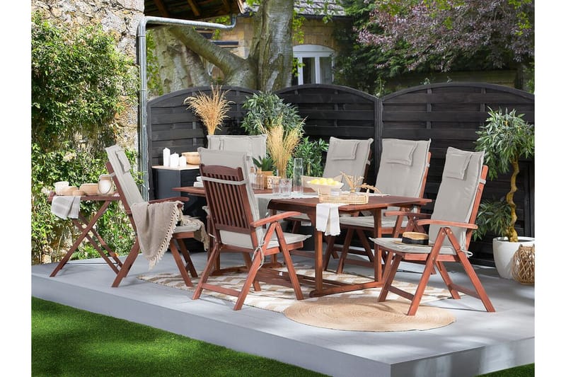Trädgårdsset bord och 6 stolar med dynor TOSCANA - Trä/natur - Matgrupper utomhus
