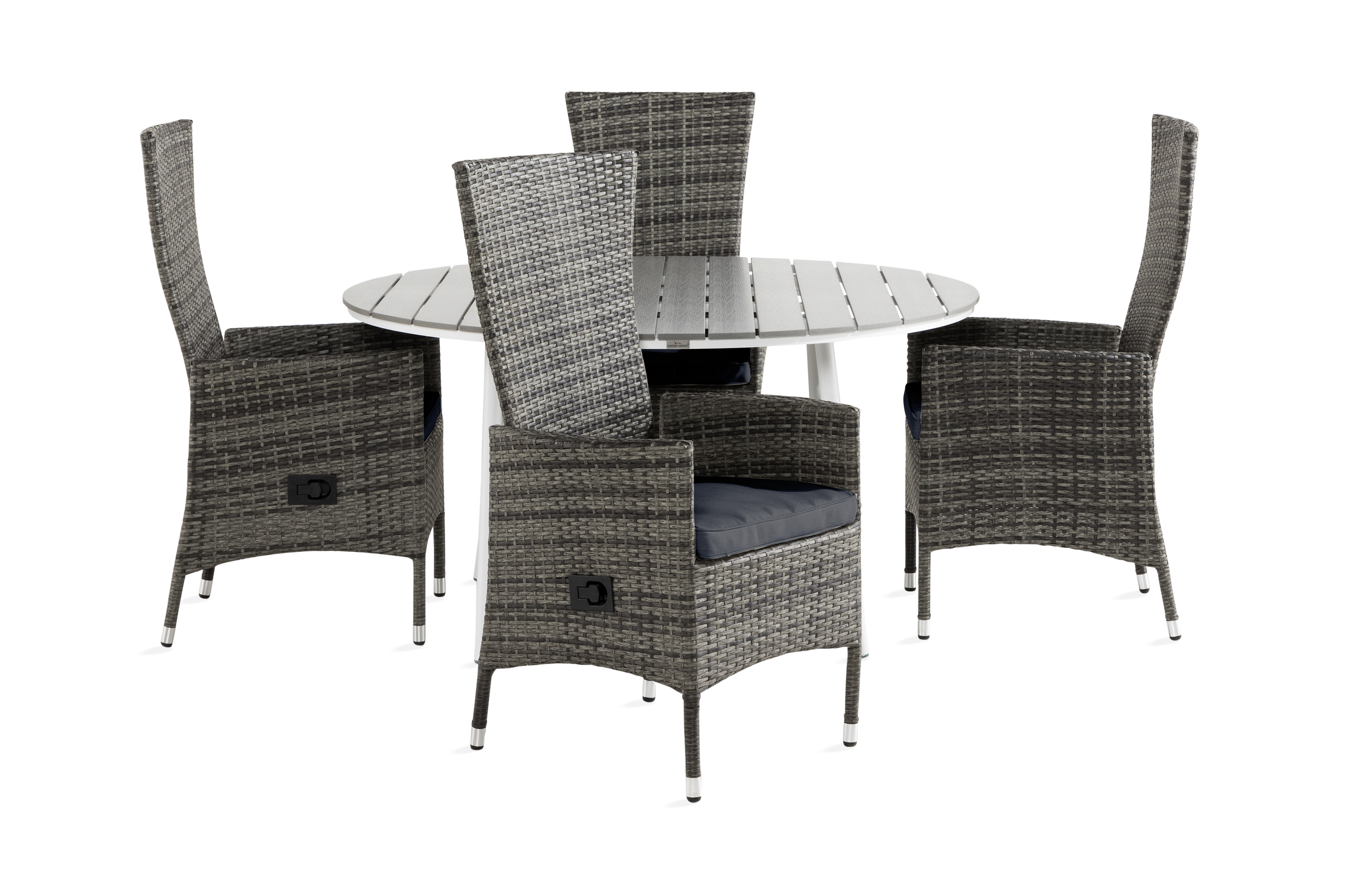 tunis bord 140 runt + 4 jenny fåtölj vit/grå m dyna grå -