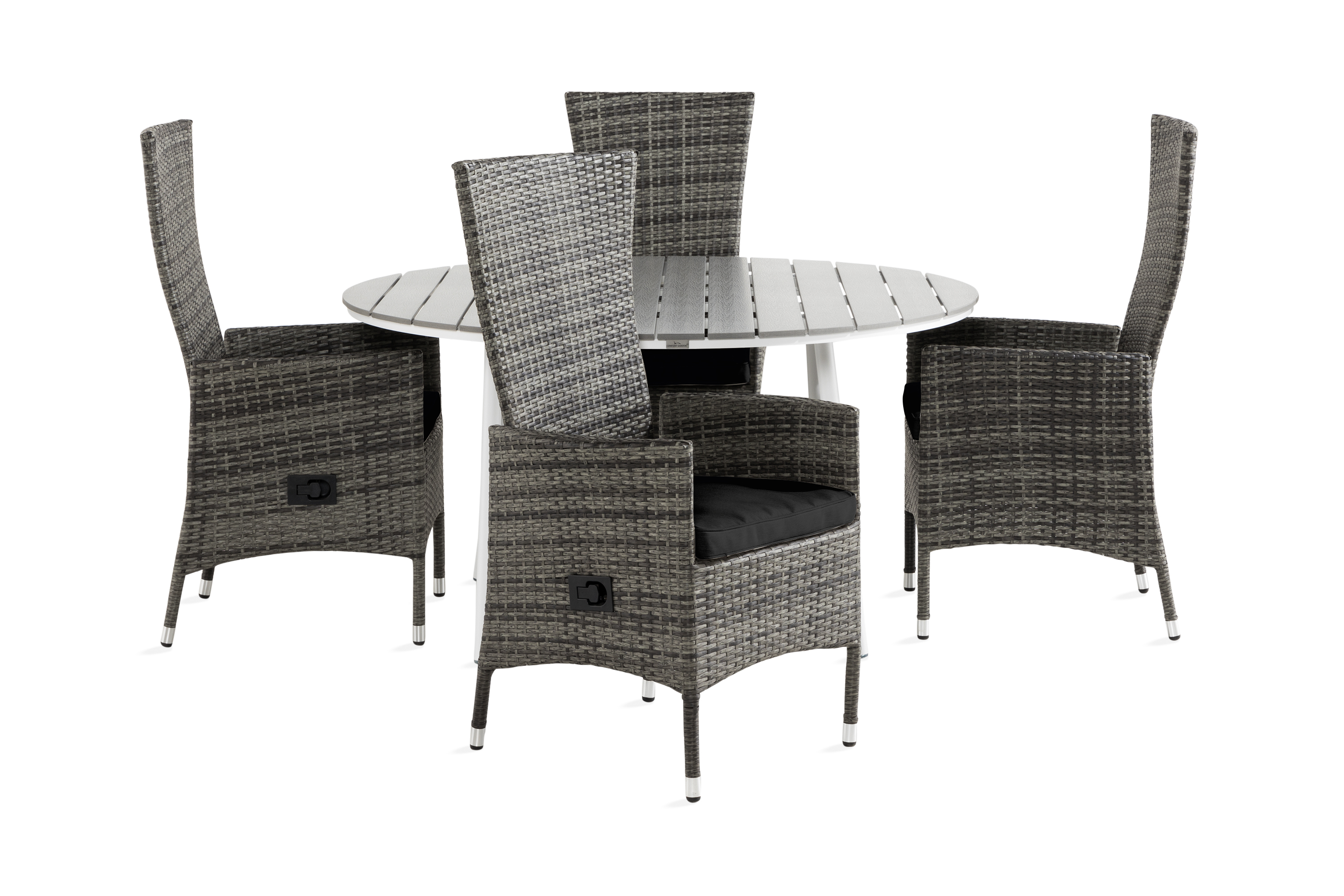 tunis bord 140 runt + 4 jenny fåtölj vit/grå m dyna svart -