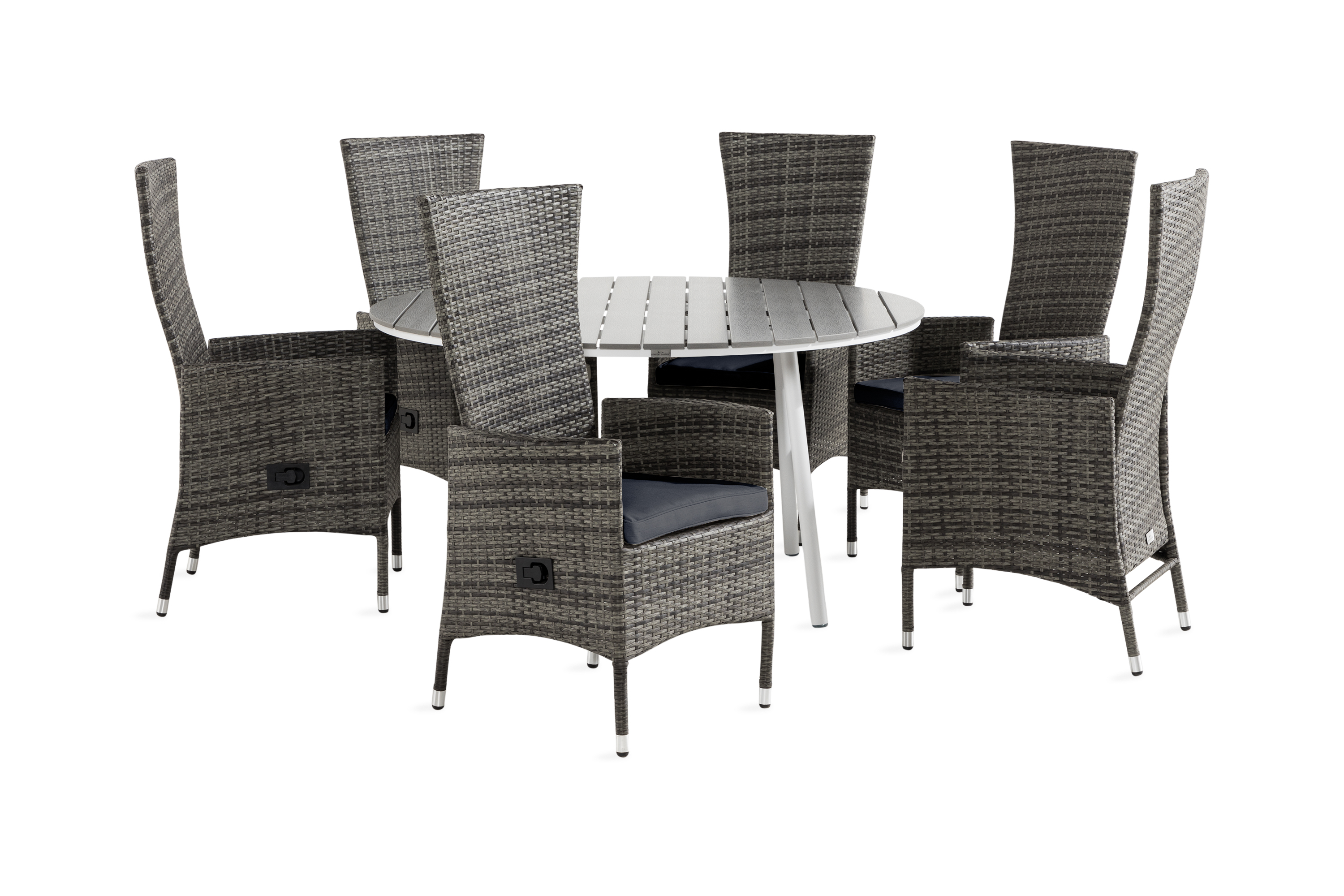 tunis bord 140 runt + 6 jenny fåtölj vit/grå m dyna grå -