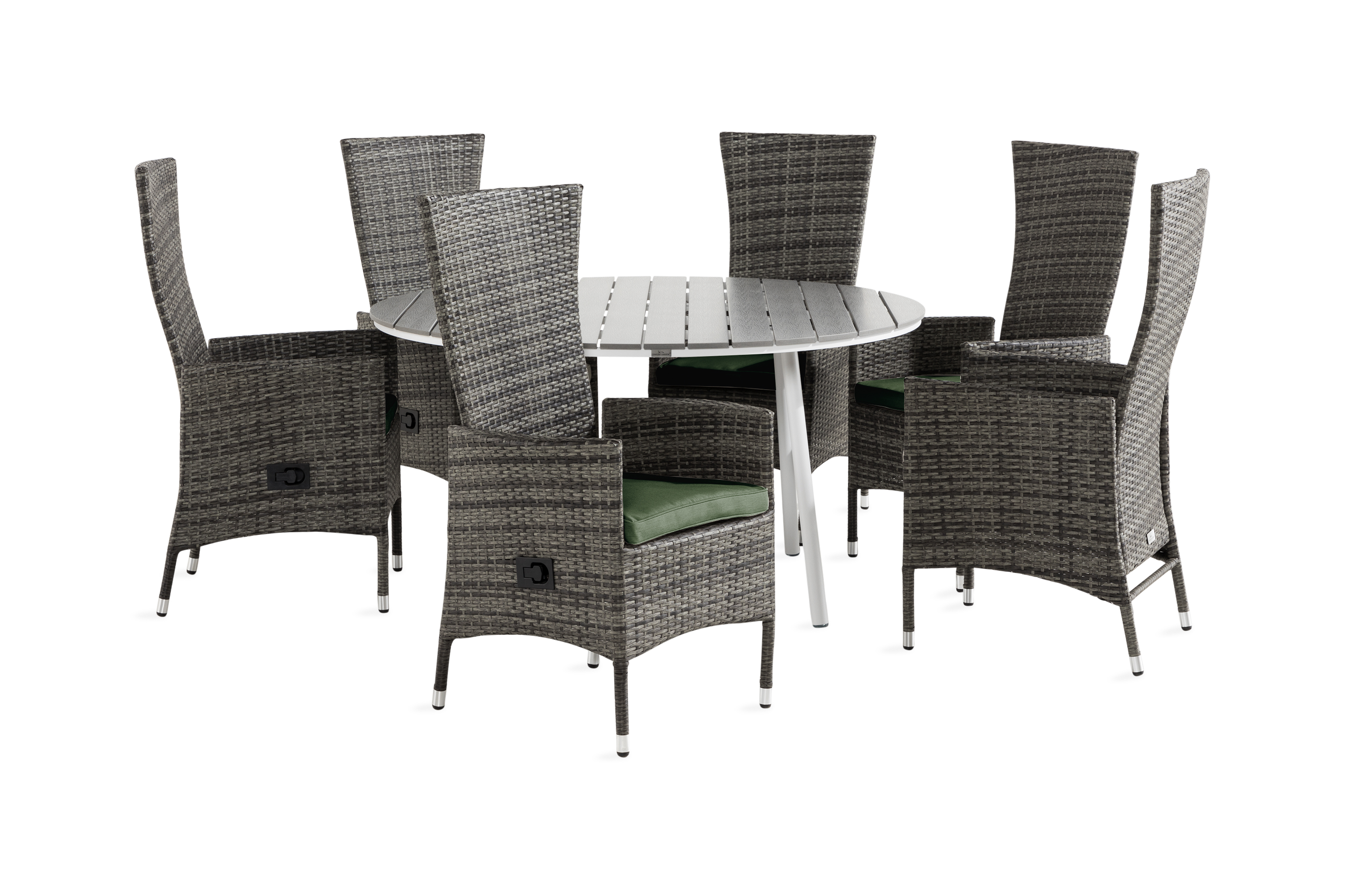 tunis bord 140 runt + 6 jenny fåtölj vit/grå m dyna grön -