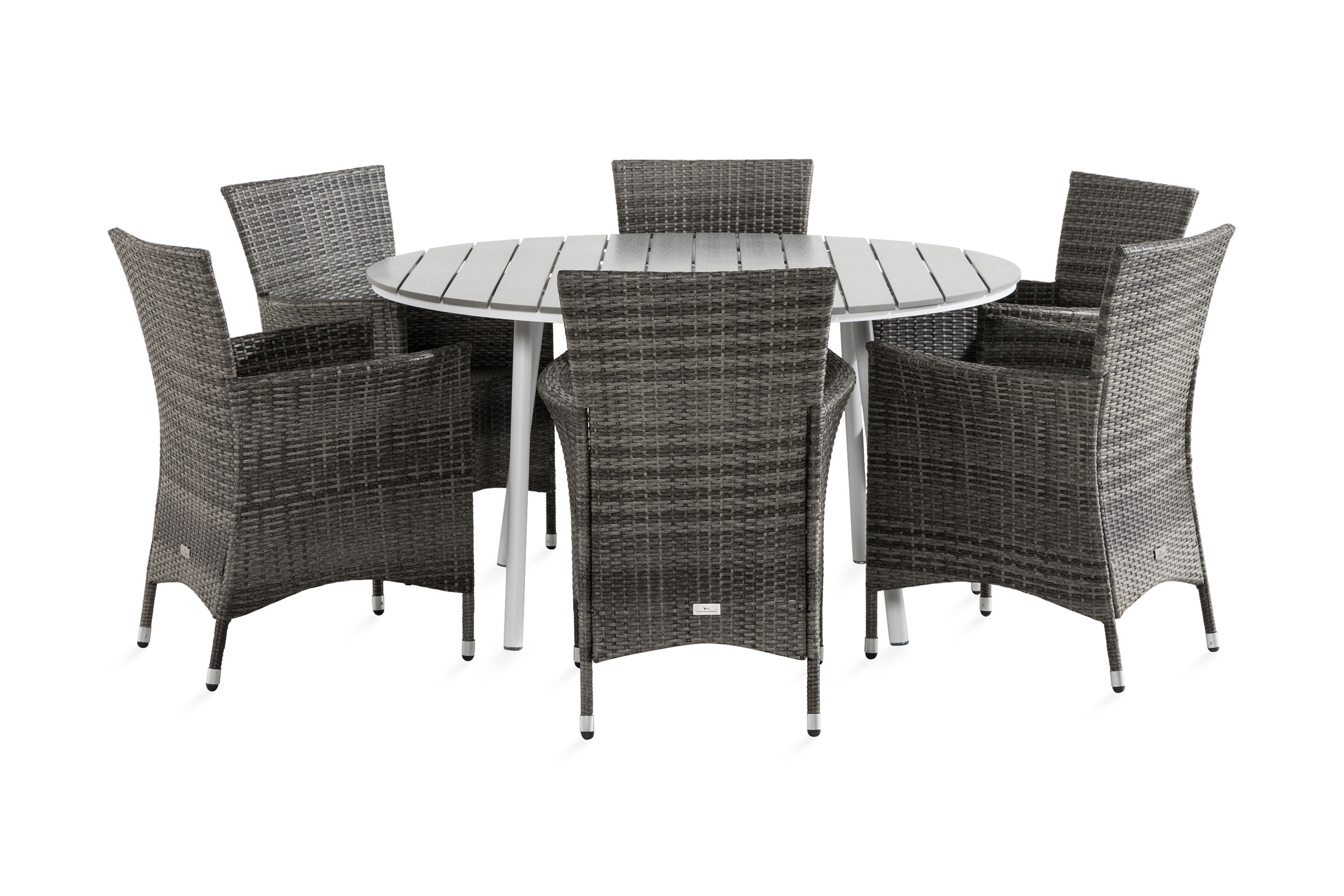 tunis bord 140 runt + 6 thor fåtölj vit/grå -