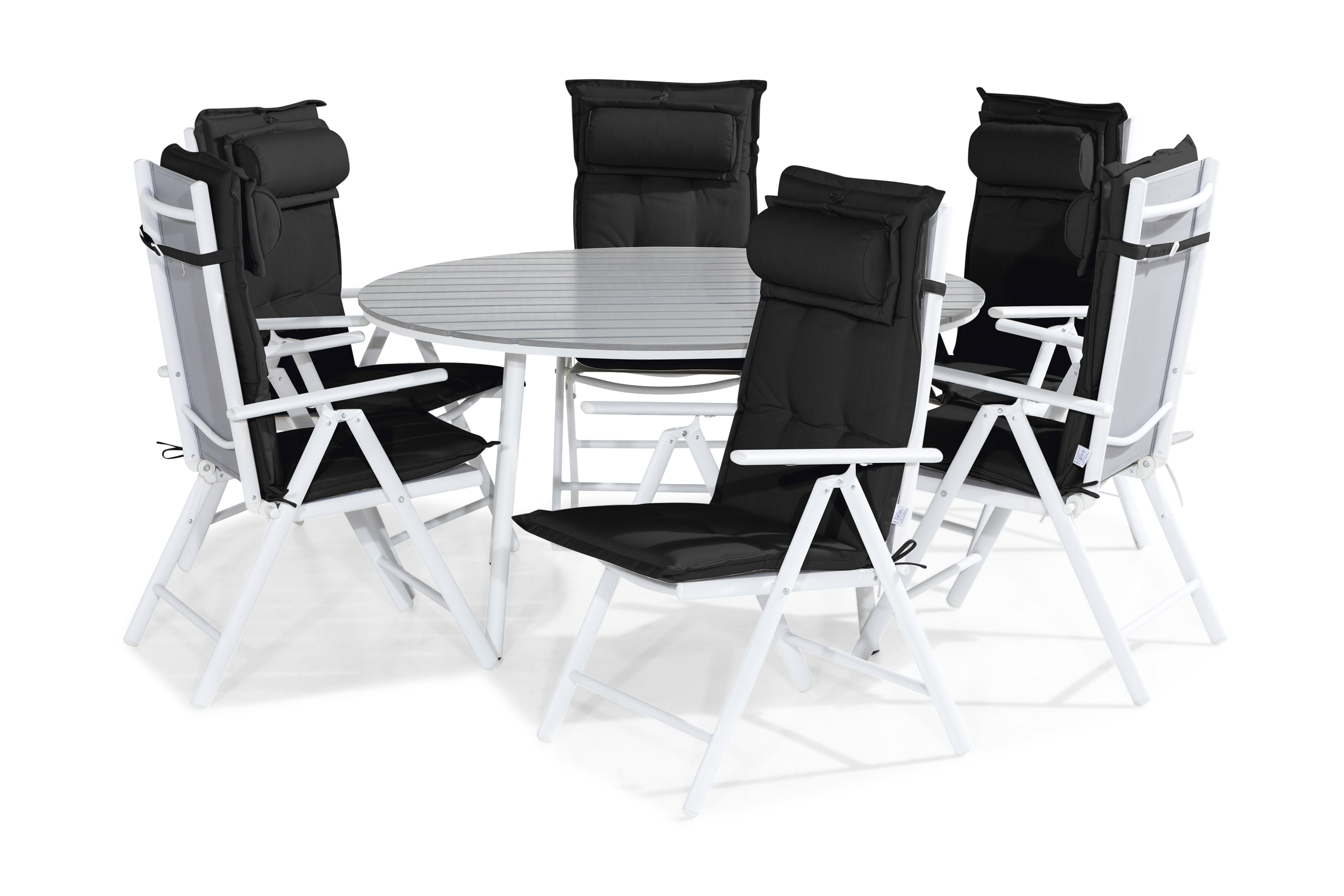 tunis bord 140 runt vit/grå + 6 maggie stol m dyna svart -