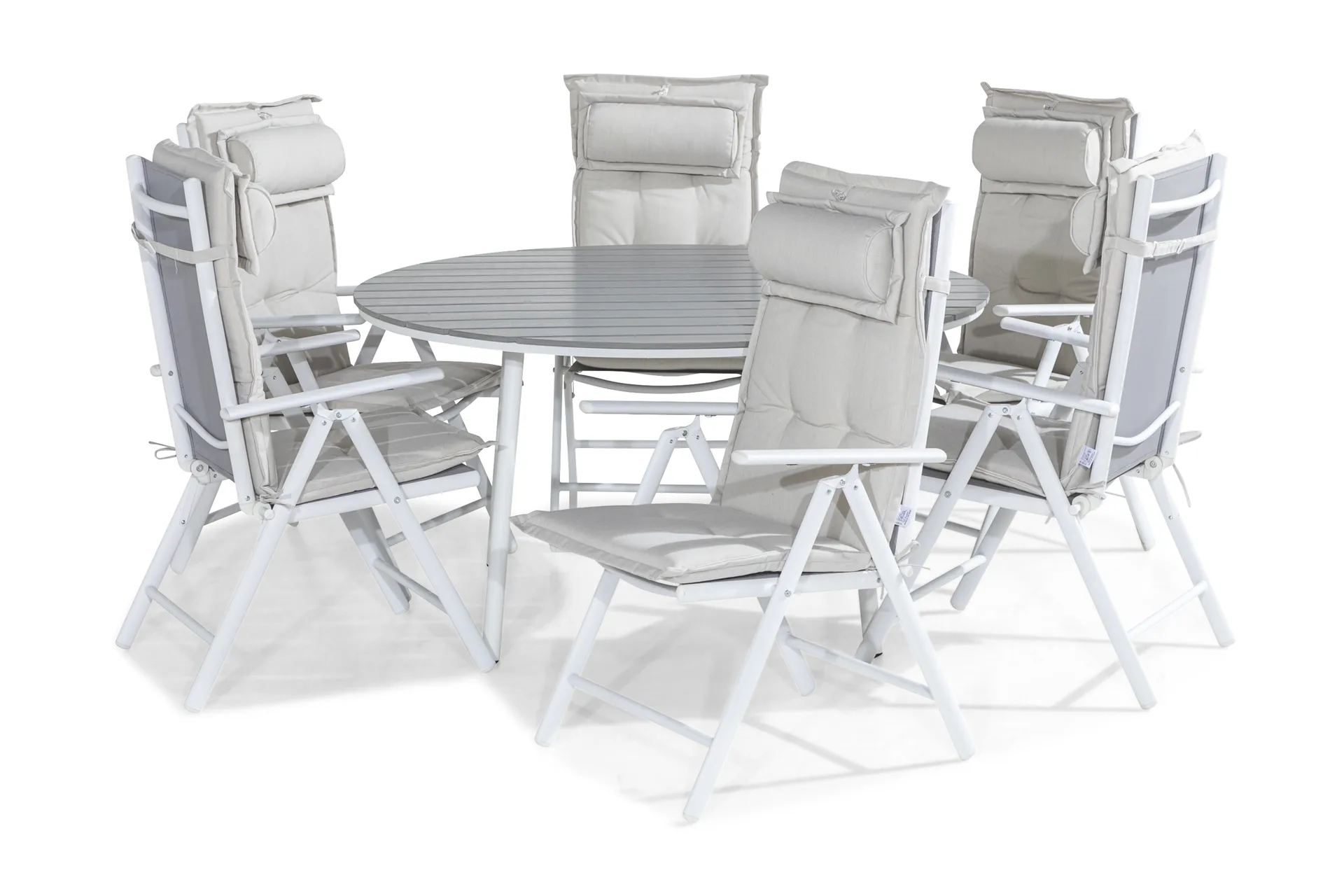 tunis bord 140 runt vit/grå + 6 maggie stol m dyna vit -