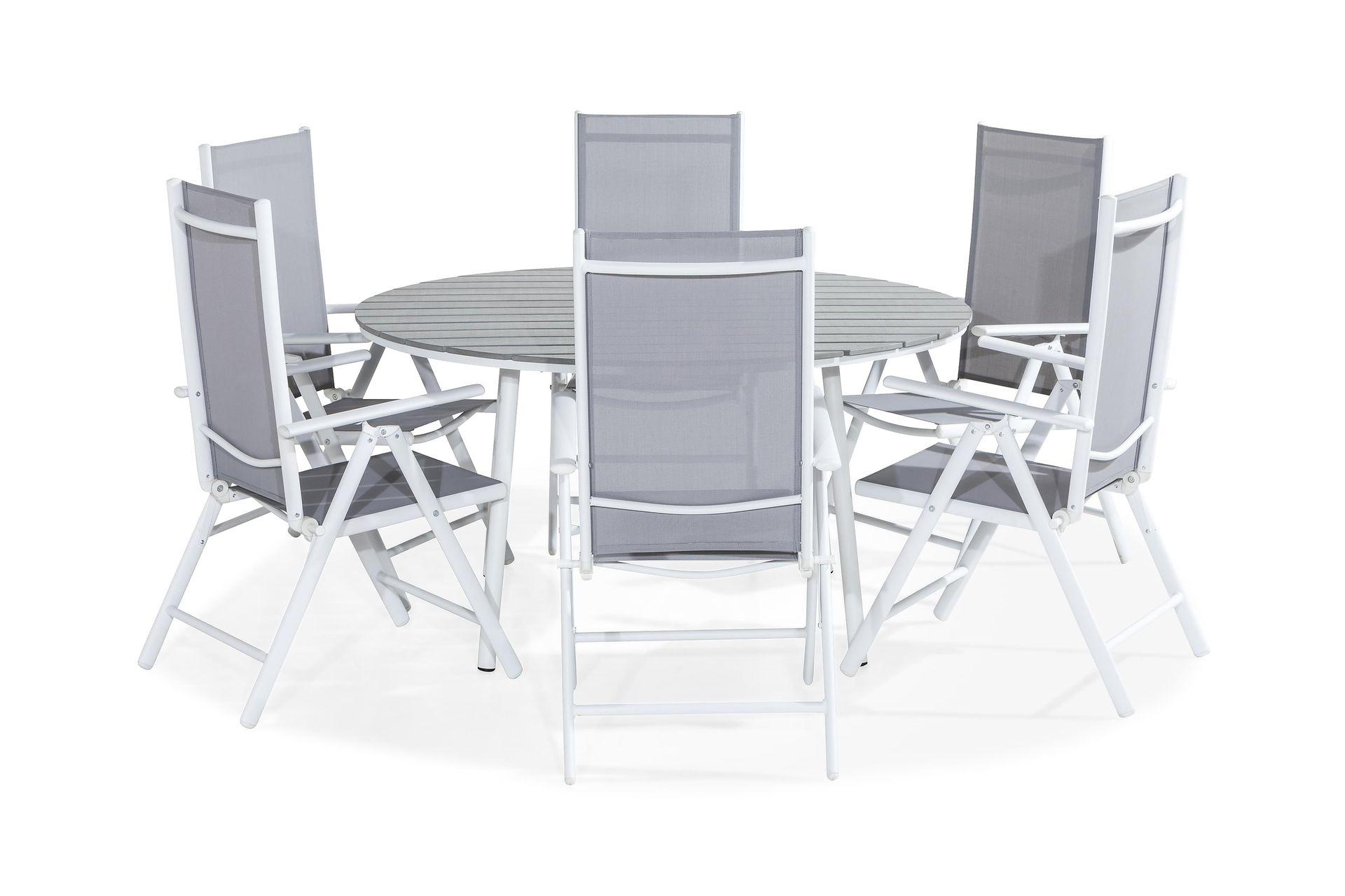 tunis bord 140 runt vit/grå + 6 maggie stol vit/grå -