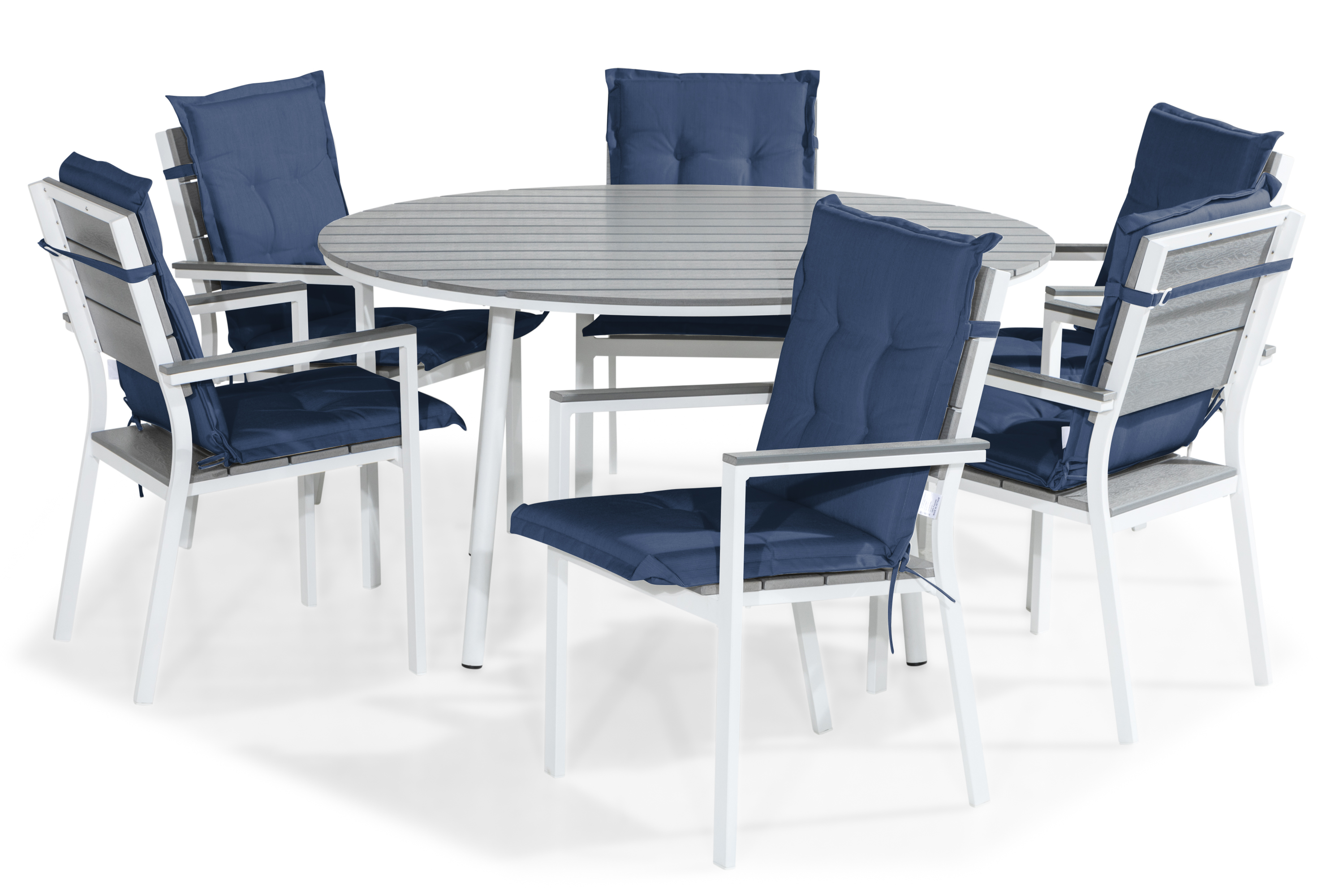tunis bord 140 runt vit/grå + 6 stapelstolar m dyna blå -