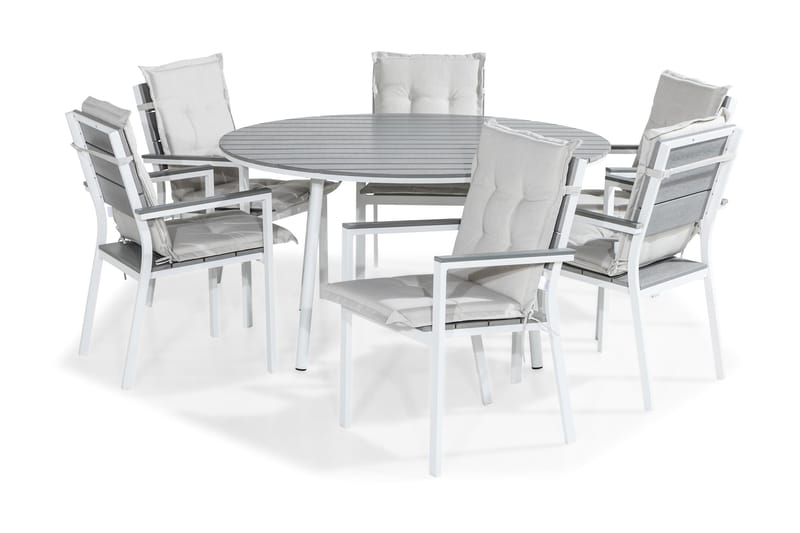 TUNIS Bord 140 Runt Vit/Grå + 6 Stapelstolar m Dyna Vit