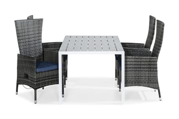TUNIS Bord 150x90 Vit + 4 JENNY Fåtölj Ställbar Grå Dyna Blå
