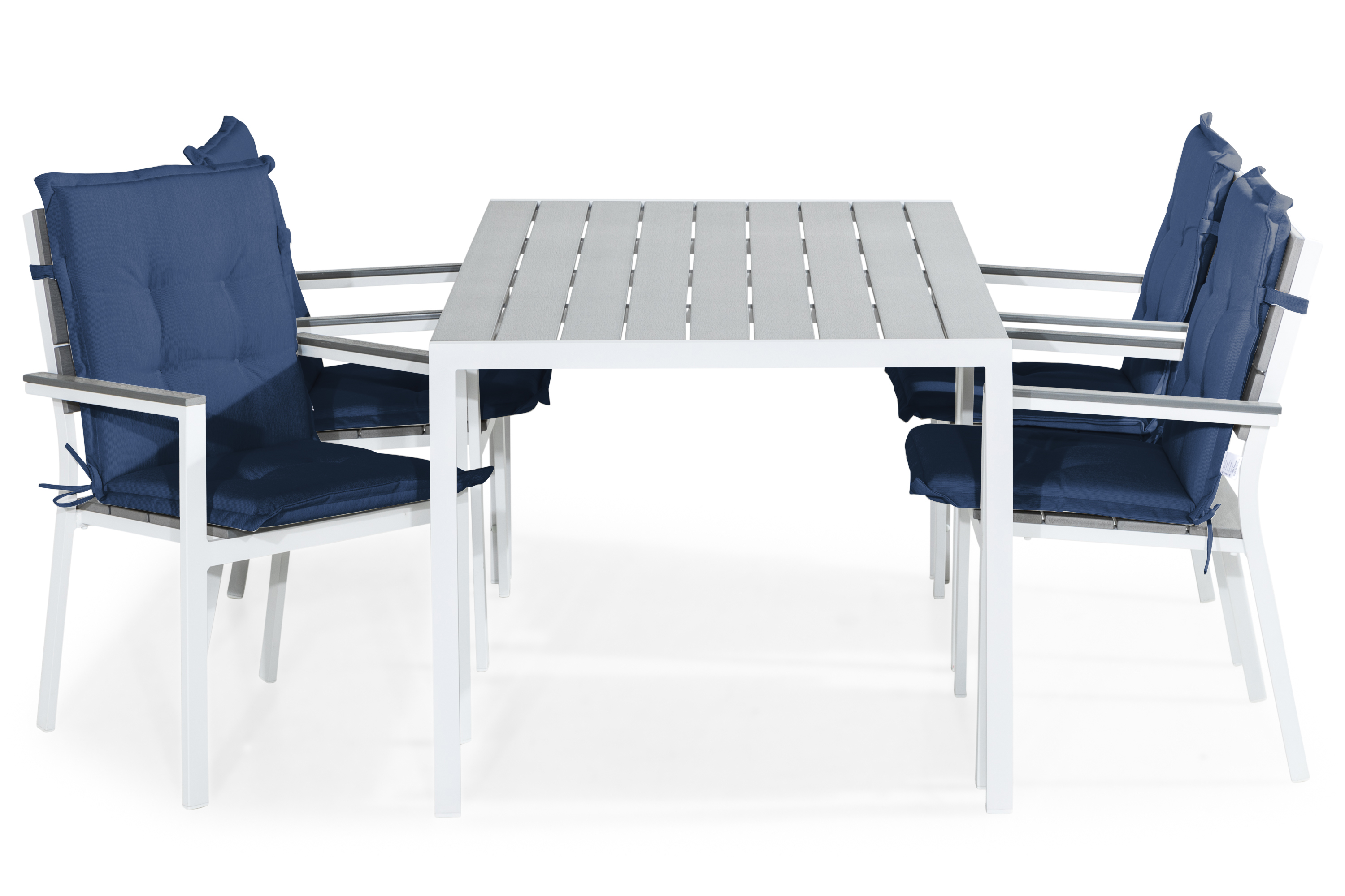 tunis bord 150x90 vit/grå + 4 stapelstolar m dyna blå -