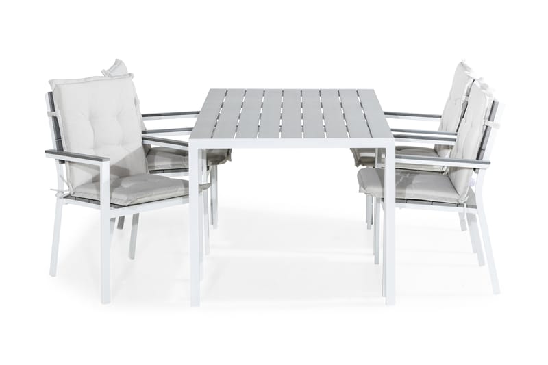 TUNIS Bord 150x90 Vit/Grå + 4 Stapelstolar m Dyna Vit