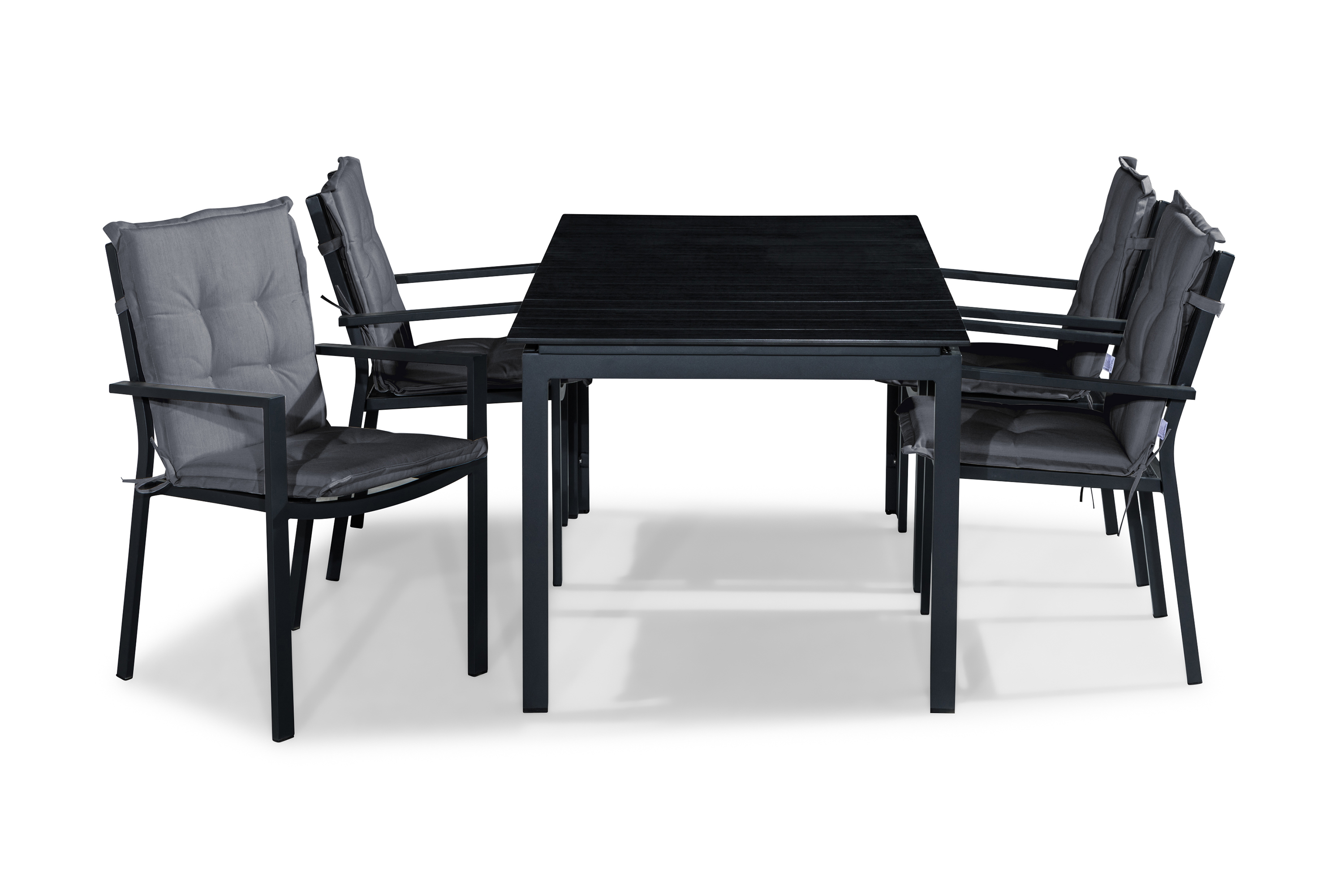 tunis bord 152-210x90 svart + 4 stapelstolar svart dyna grå -
