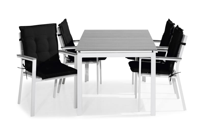 TUNIS Bord 152-210x90 Vit/Grå + 4 Stapelstolar m Dyna Svart - Utemöbler - Utegrupp - Matgrupper utomhus