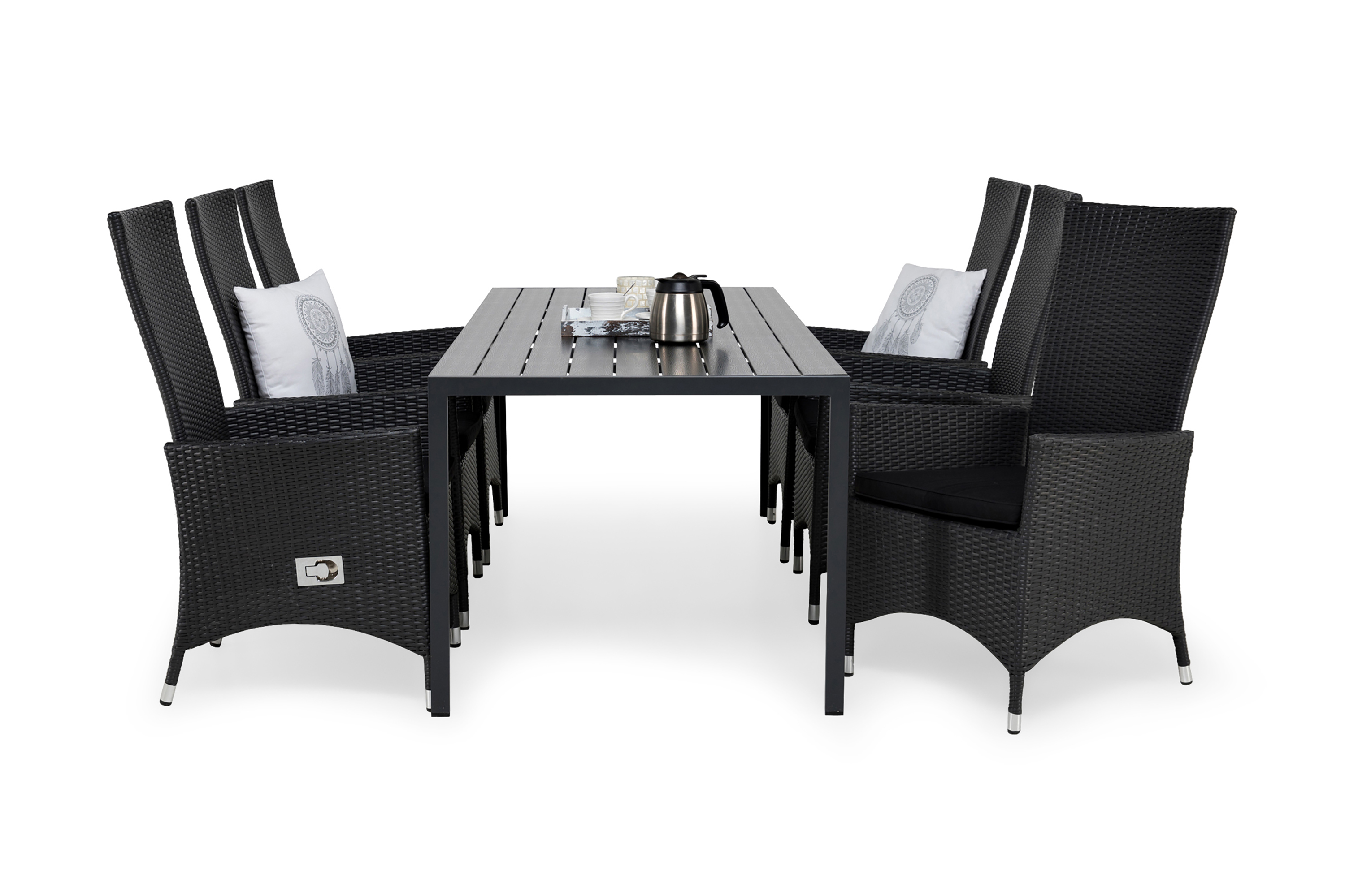 tunis bord 205 + 6 jenny fåtölj svart + dyna svart -